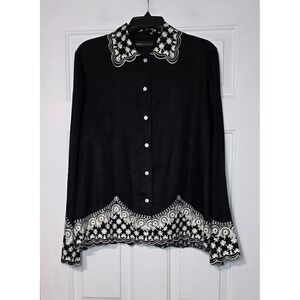 Dana Buchman Black Linen Embroidered Pineapple Tropical Shirt Women Size 6